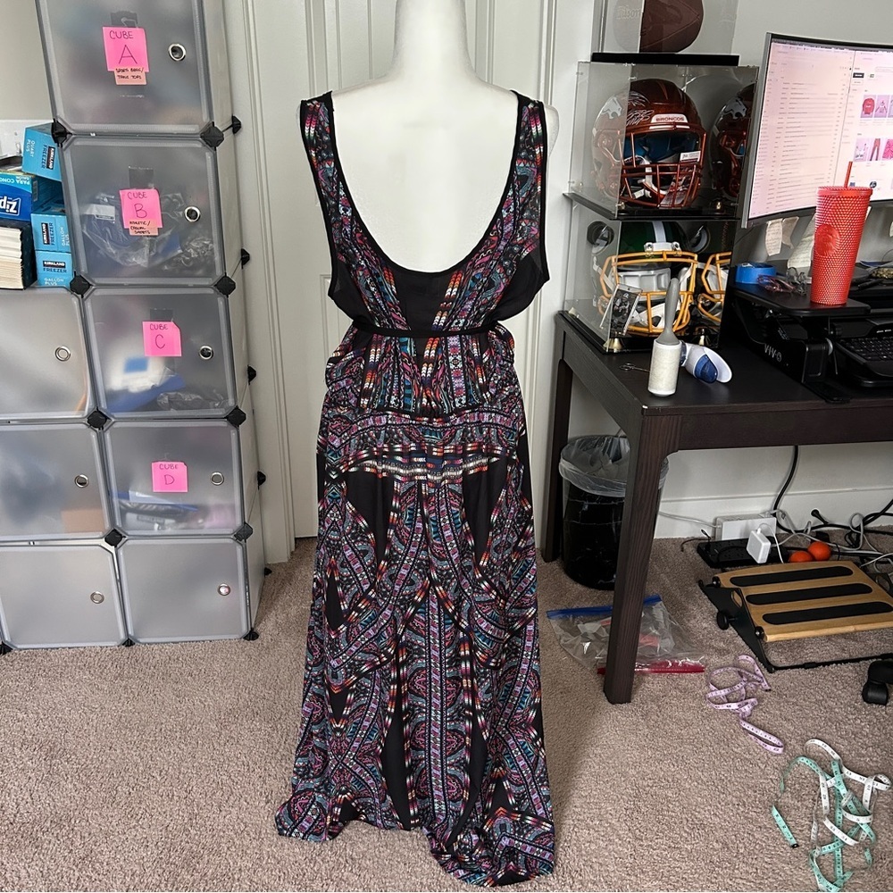 City Chic Geometric Black Blue Biba Drawstrring Maxi Dress Size L/20 - Picture 3 of 11